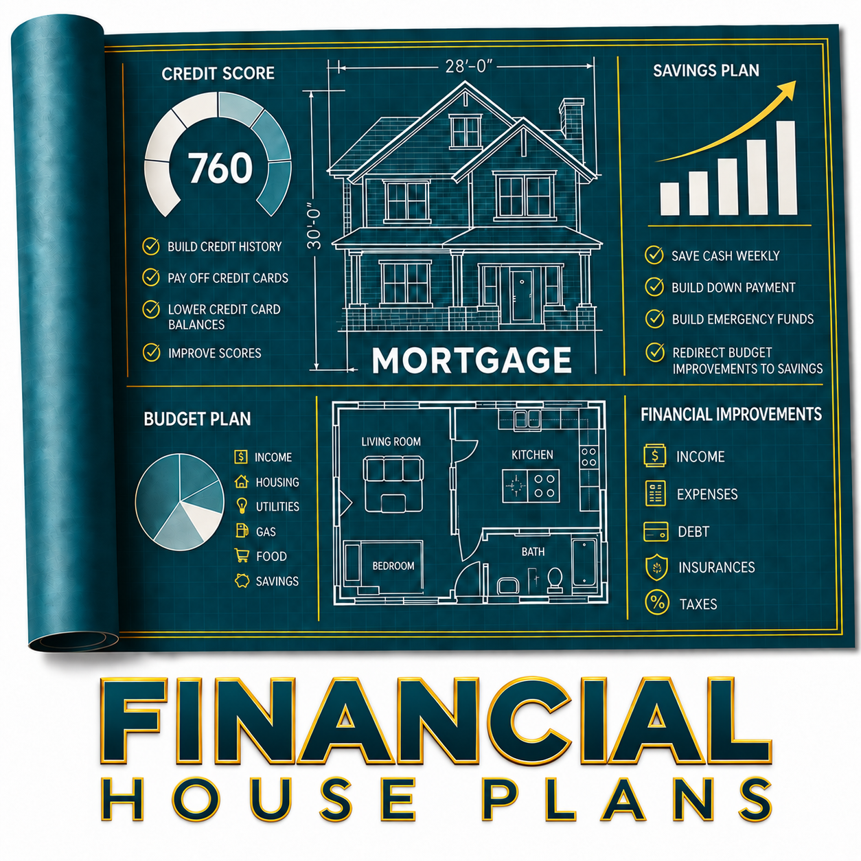 Financial House Plans blueprint showing credit, savings, budgeting and financial improvements
